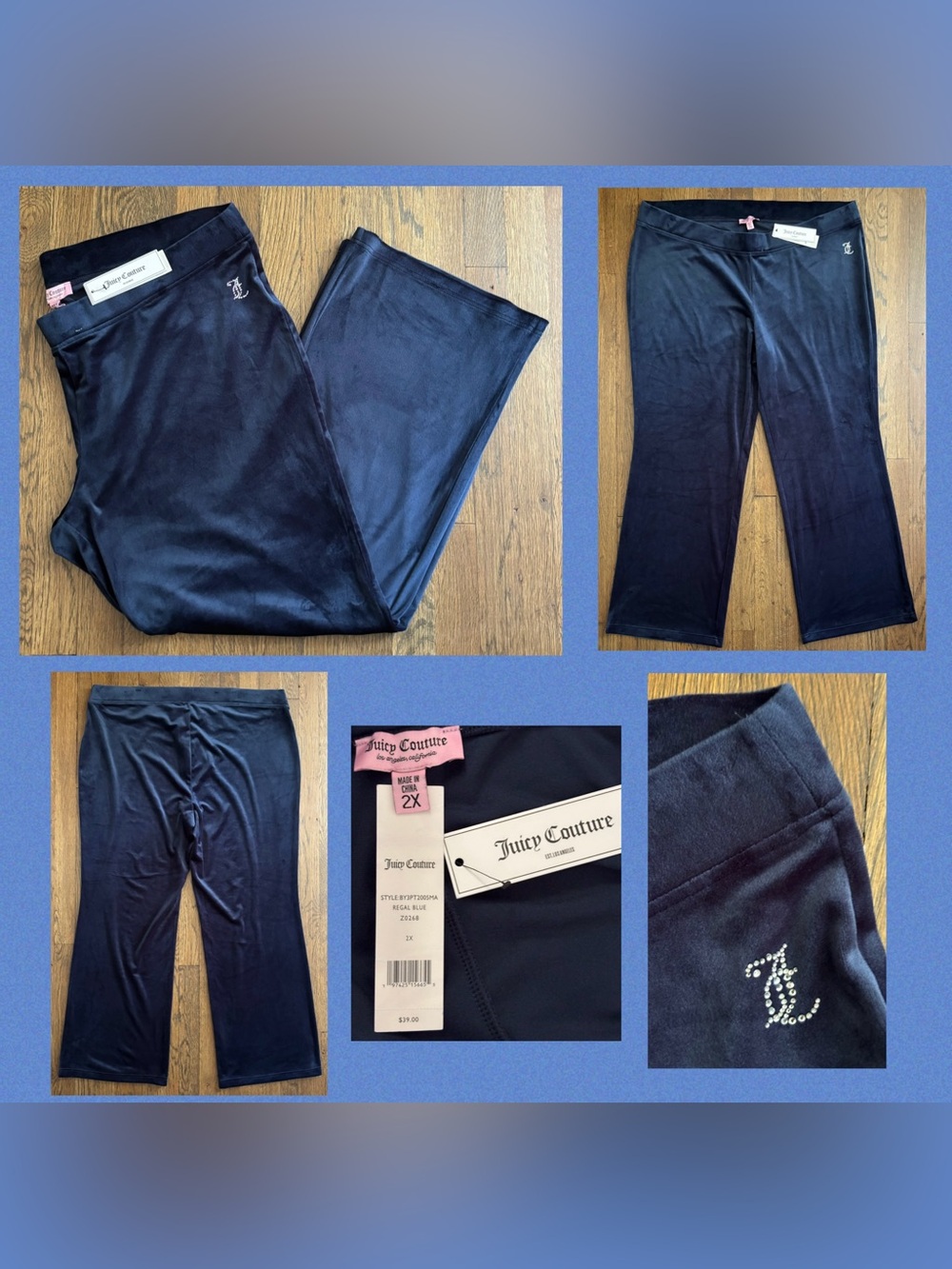 NWT Juicy Couture Regal Blue Velour Wide Leg Lounge Pants Rhinestone JC